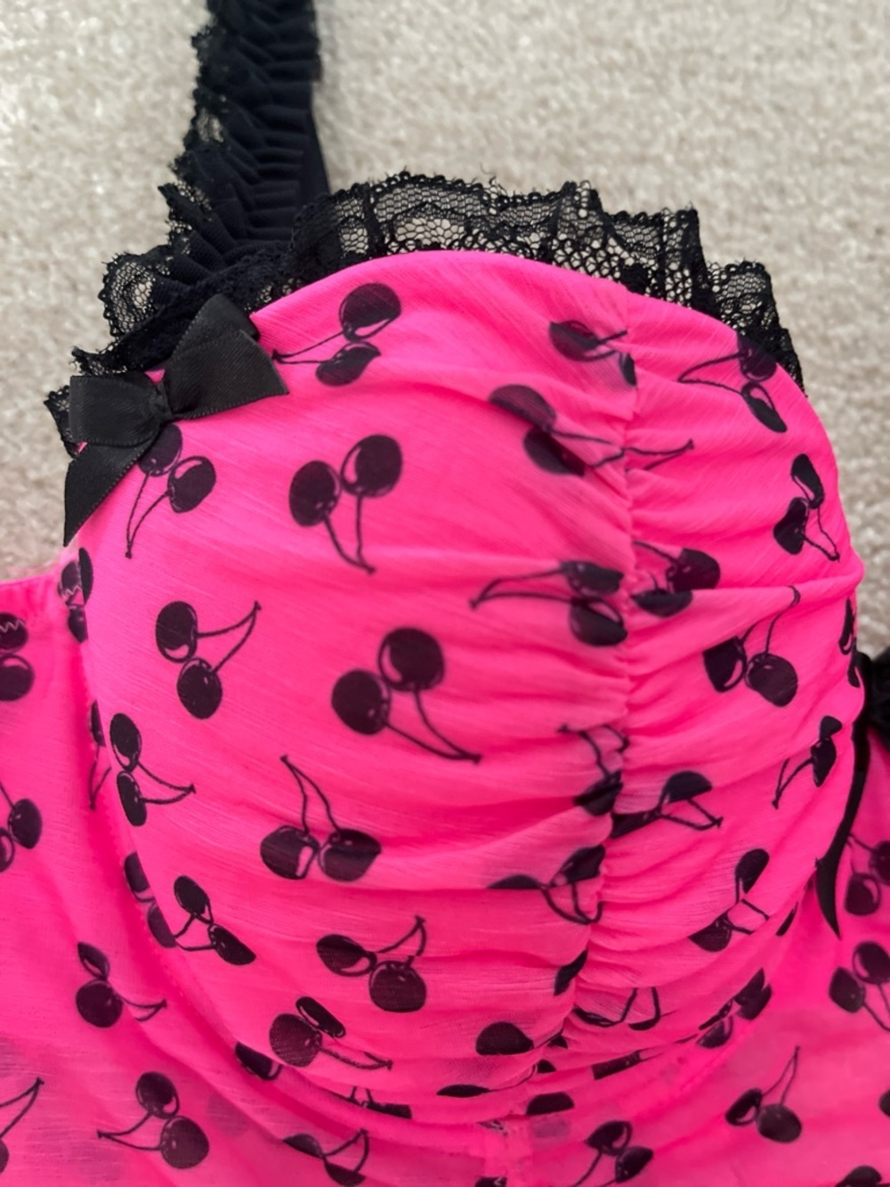 Vintage Y2K/2000s Coquette La Senza Hot Pink Cherry-Print Babydoll Chemise/Slip - Picture 4 of 12